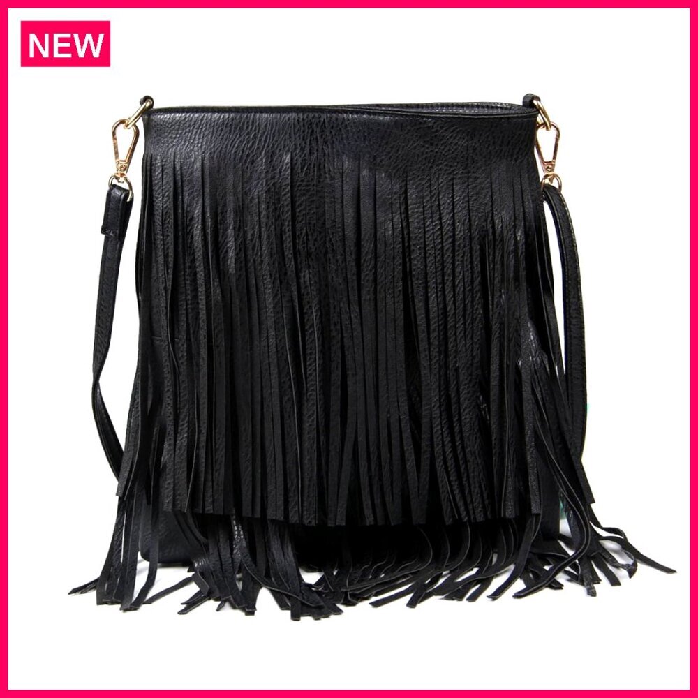 PU Leather Crossbody Bag with Fringe Tassel Adjustable Strap